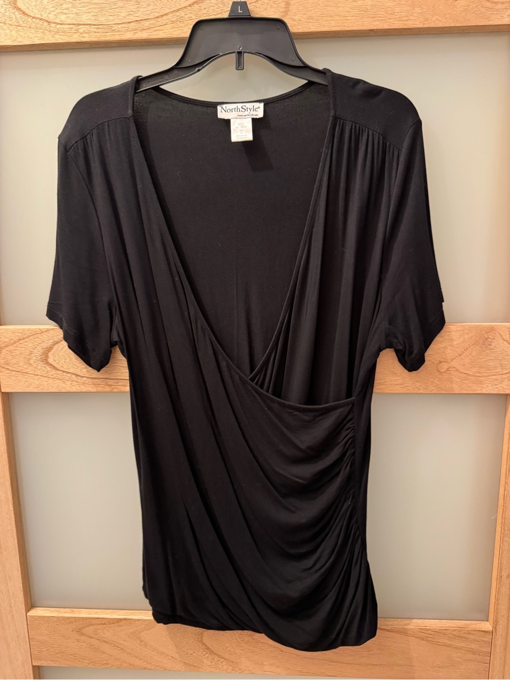 NorthStyle Black Draped Faux-Wrap Short Sleeve Blouse
